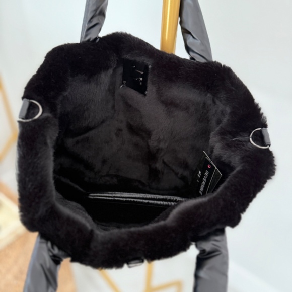 Think Rolyn Duplex Reversible Faux Fur Tote Travel Shoulder Work Gym Bag Black - Picture 8 of 9